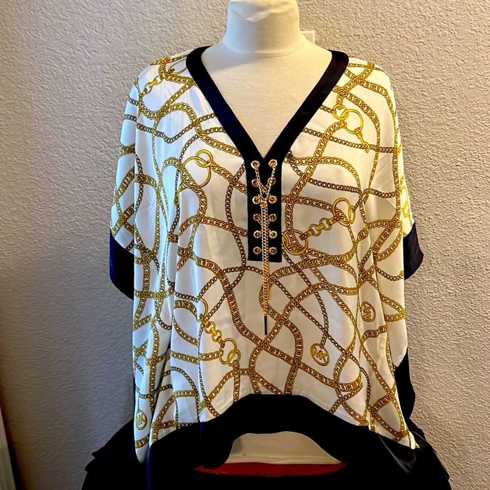 NWT Michael Kors Cream & Black Blouse with Gold Chain accents Size S/M